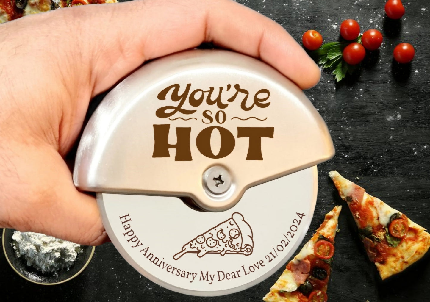 Personalised Engraved Stainless Steel Round Roller Pizza Cutter Couple Gift