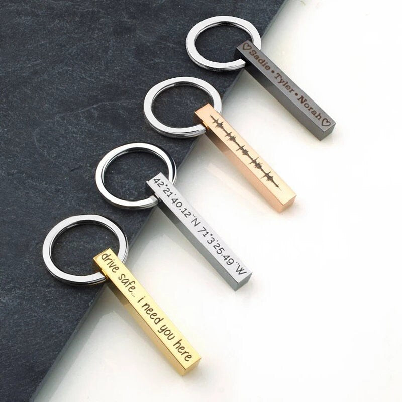 Custom Metal Bar Keychain, Couple Gift, Engraved Brushed Metal Keychain - Personalized Key chain - Valentines gift for him - gift for couple